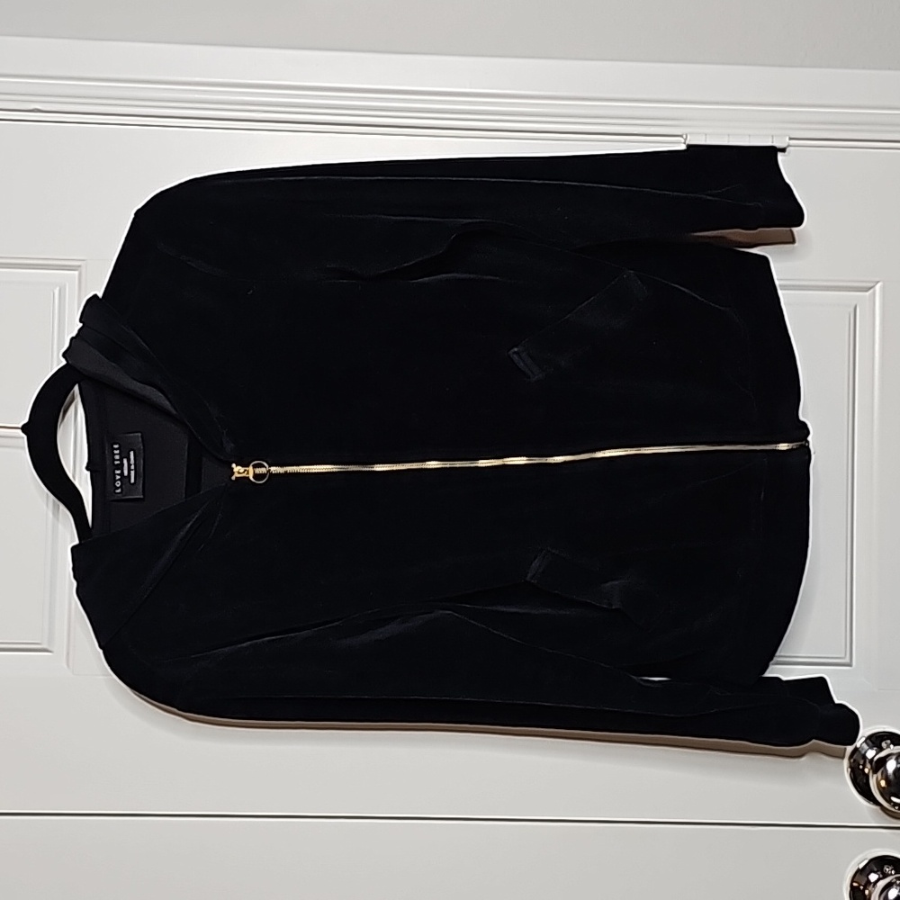 Black Velour Zip-up Hoodie with Gold Accents